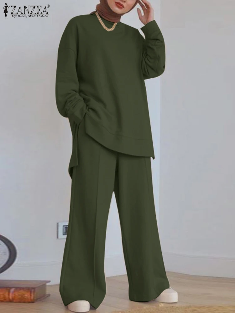 

ZANZEA Muslim Women Sweatshirts Sets Autumn Turkish Blouse Irregular Tops Solid Elastic Waist Long Trousers Suit Fashion Outfits