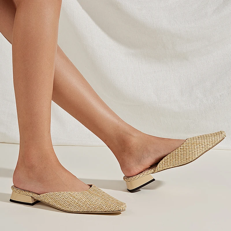 

Sandals Ladies Slippers Shoes For Women Mules Khaki Pointed Toe Female Shoe Casual Outside 2022 Summer New Weave Ladies Low Heel
