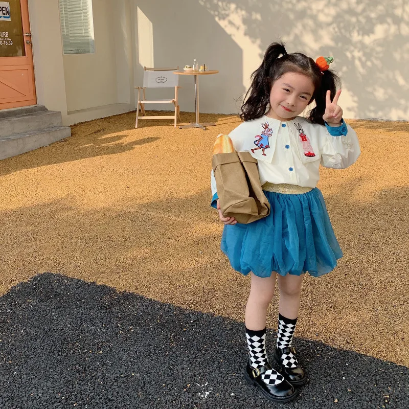 

Girls Clothes Spring New Children's Cute Rabbit Embroidered Lapel Shirts Short Skirt