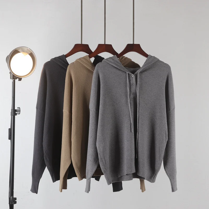 

Solid Color Hooded Pullover Sweater Cardigans Women Top Autumn Winter Thin Sweater Knitwear Jacket Loose Outerwear Streetwear