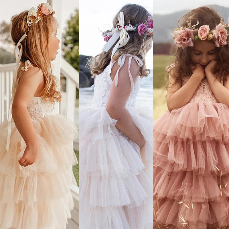 Kids Summer Clothes Baby Lace Wedding Dress Children Clothing Layered Tutu for Birthday Beach Party | Детская одежда и обувь