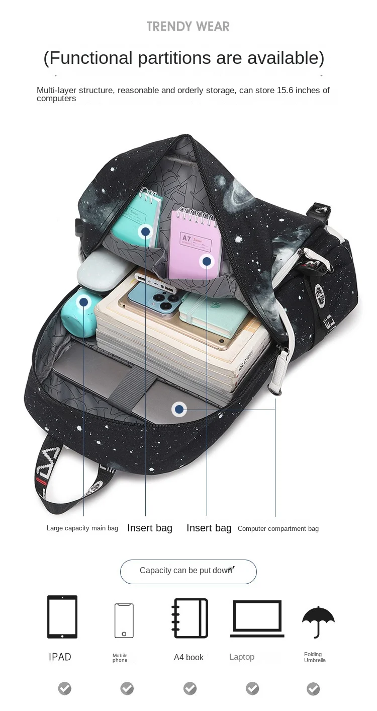 Boys Backpacks Junior High School Bag  Waterproof Casual Daypack Space Galaxy Printed Durable Knapsack with USB Charging Port