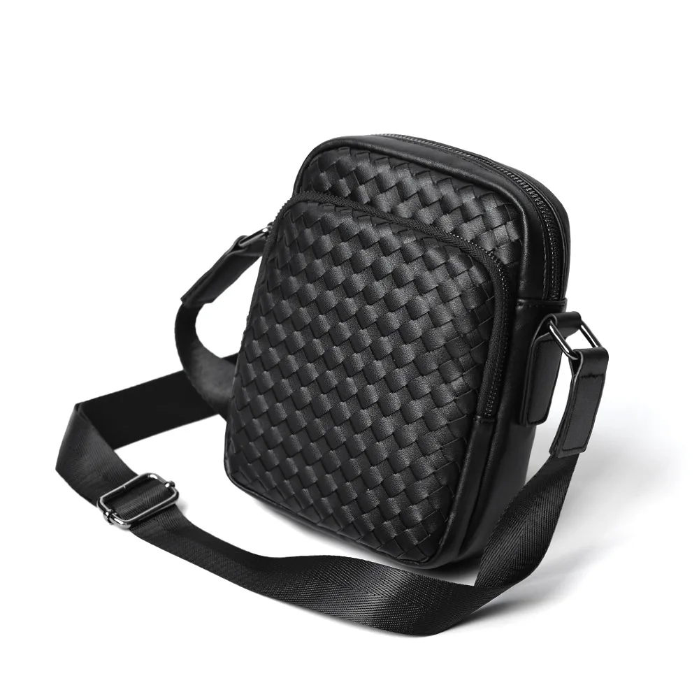 Black Leather PU Woven Mini Messenger Bag for Men Messenger Bag High Quality Small Satchels Trendy Male Shoulder Crossbody Bag