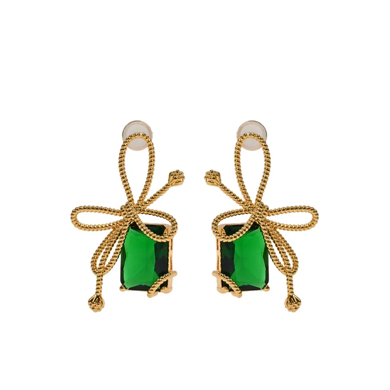 

INS Bow Green Gemstone Earrings 925 Silver Needle Hypoallergenic Female Niche Design Exaggerated Personality Fashion Jewelry