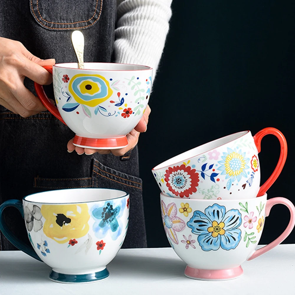 

Ceramic Coffee Mugs Large Capacity Hand Painted Flower Household Office Creative Drinking Water Mug Breakfast Tea Milk Cup Gift