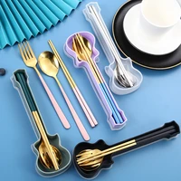 23pcs portable cutlery set with guitar box stainless steel korean chopsticks spoon fork gifts tableware set kitchen supplies
