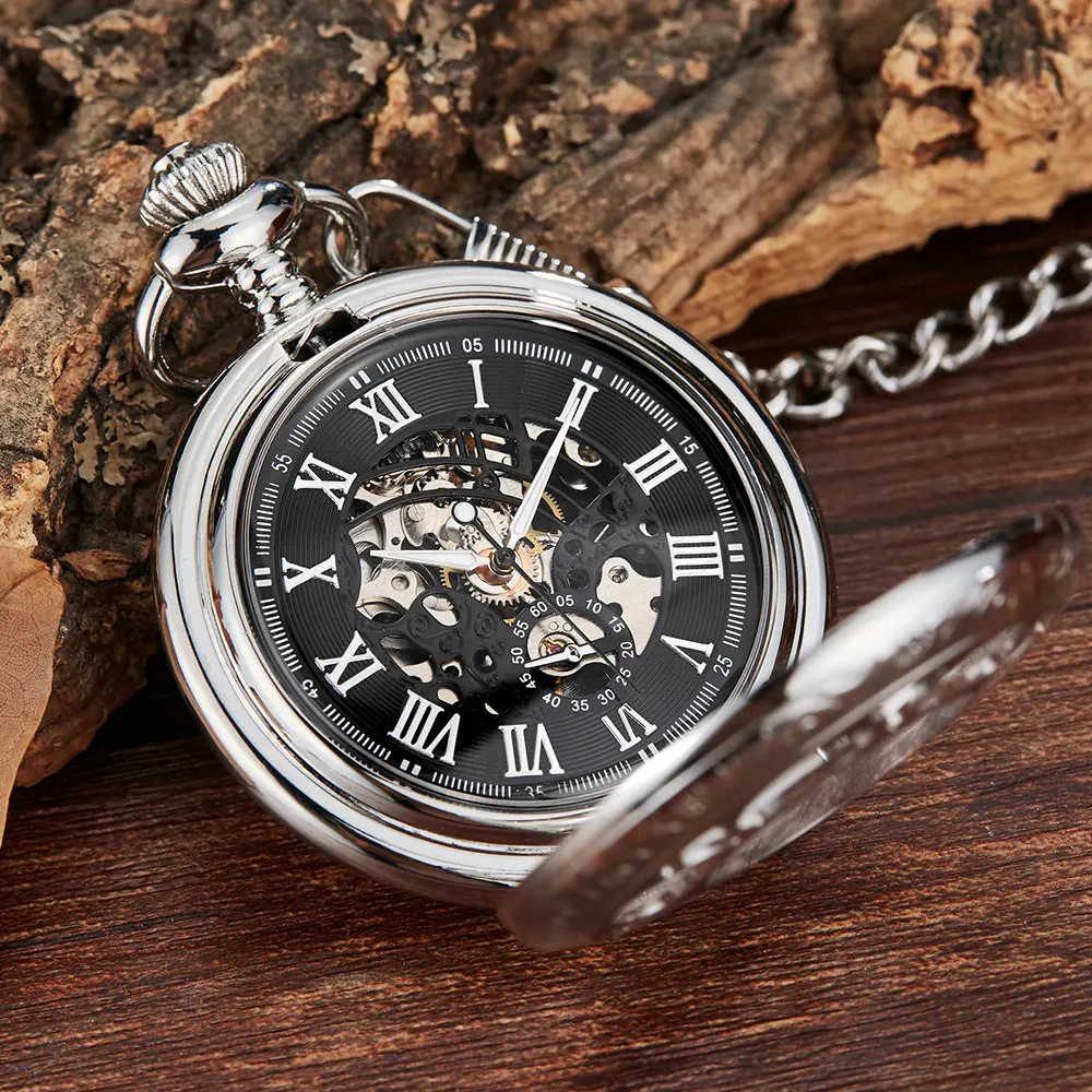 Vintage Silver Mechanical Hand Wind Pocket Watches Blue Roman Numeral Dial Mechanical Flip Watch Men Clock With Fob Chain