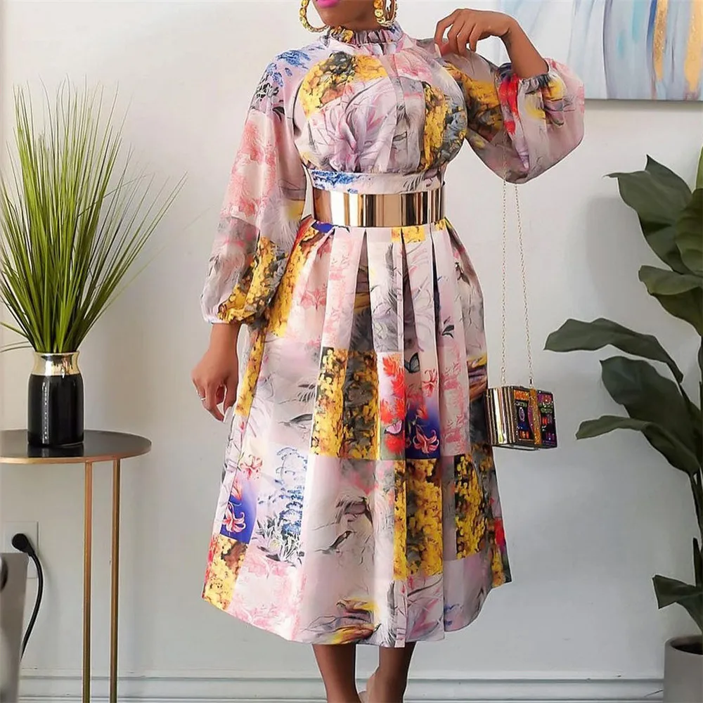 

Elegant Dress Versatile High Waist Long Sleeve Printed Office A Swing Dress 2022 Spring Summer Africa