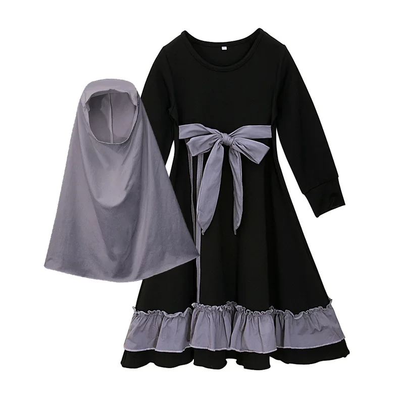 Kids Girls Abaya Muslim Dresses Islamic Clothing Long Sleeve Arab Solid Traditional Arabic Kids Turkish Party Dresses Hijabs Set