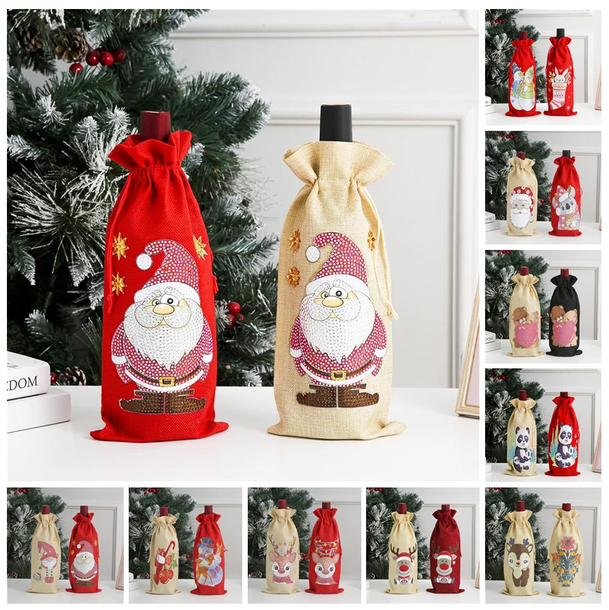 

Бриллиантовый рисунок Рождество Чехлы для винных бутылок с надписью "Merry Christmas", тканевая сумка на шнурке для винных бутылок, украшение для д...