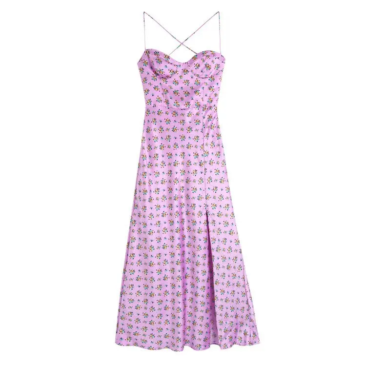 

Женское шелковое атласное Платье-комбинация ZA, Платье средней длины с принтом и разрезом спереди, с открытой спиной, Y2k, весна 2022