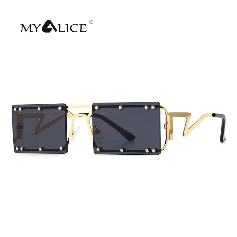 

MYALCE Women Fashion Rimless Personality Sunglasses Metal lightning Glasses legs Stage performance Oculos De Sol Feminino UV400