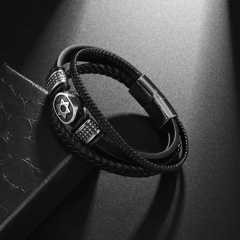 Классический многослойный кожаный браслет для мужчин David Star с магнитной