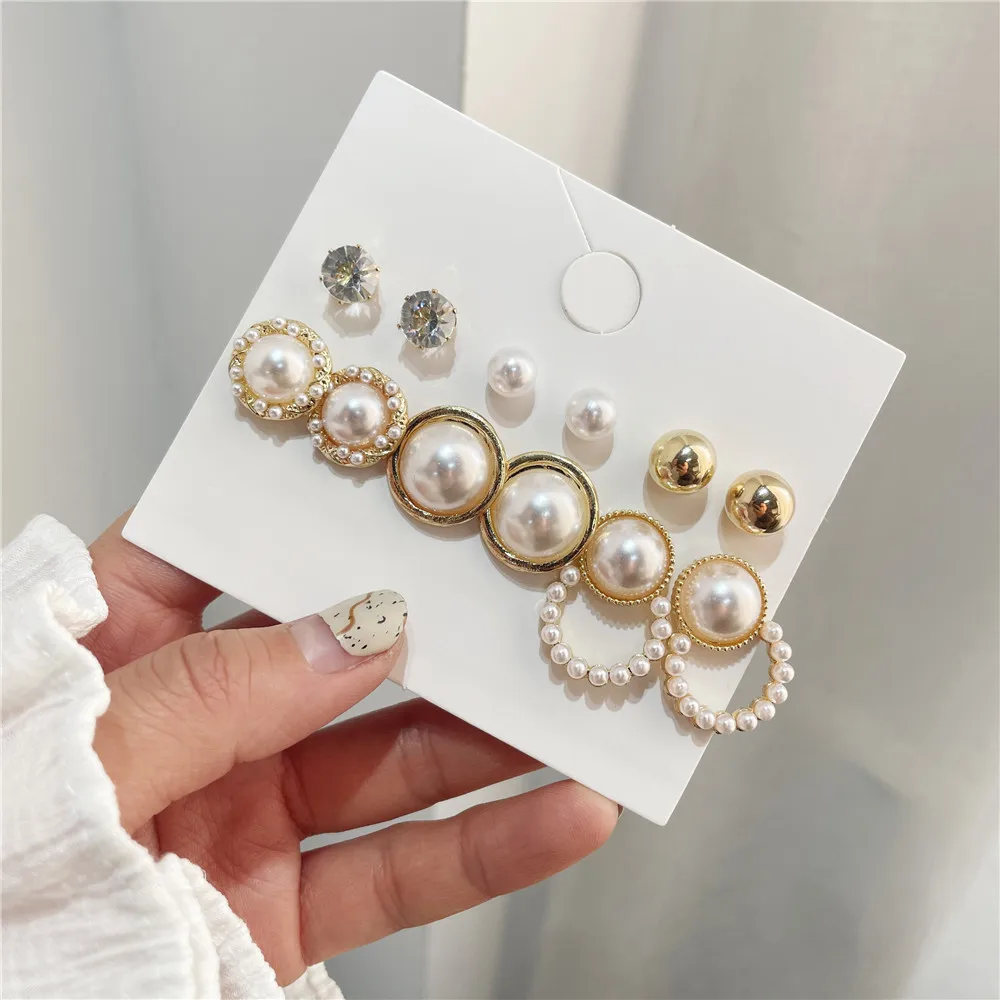 

Wholesale Earring Sets White Simulated Pearl Earrings For Women Jewelry On Ear Ball Stud Earrings Crystals Brincos Bijoux Gifts