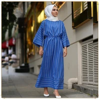 plain striped maxi dress o neck flare long sleeve middle east dubai muslim casual indie folk dresses adjustable waist