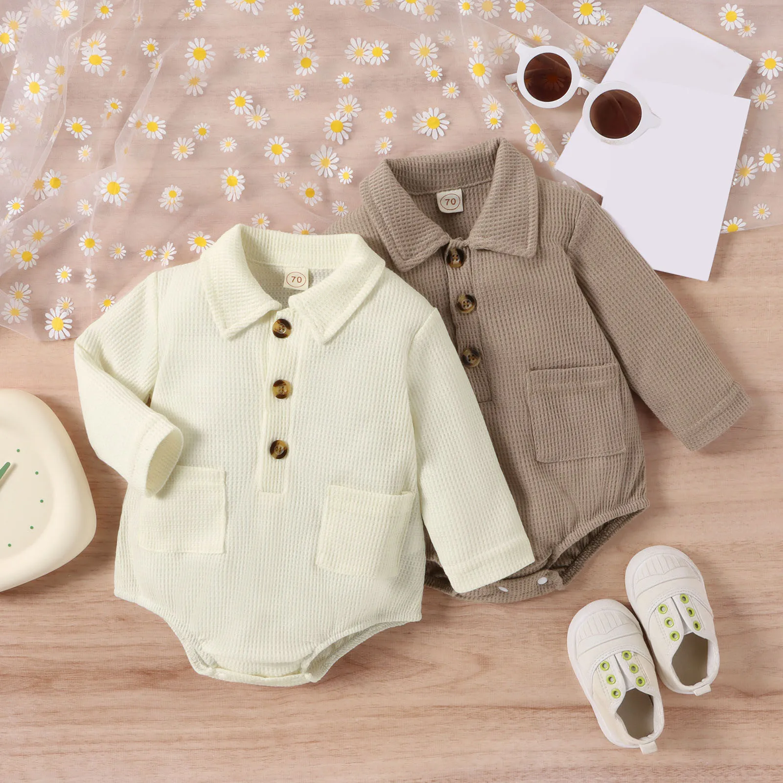 

Autumn Long Sleeve Rompers Infant Boys Girls Solid Color Pocket Jumpsuit Unisex Baby Bodysuit Sunsuit Newborn Casual Clothing