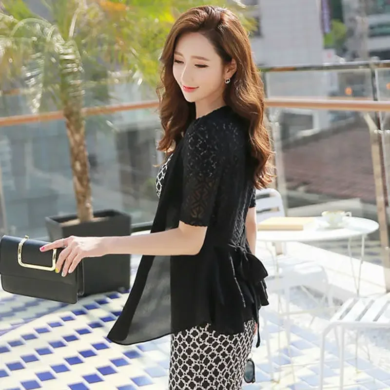 Женский ажурный кардиган жакет из дикого шифона с коротким рукавом и V-образным