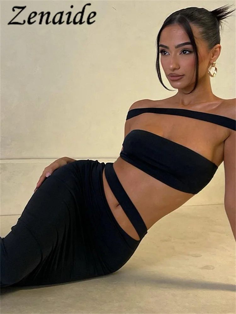 

Zenaide Hollow Out Strapless Tube Crop Top and Bodycon Maxi Skirts 2 Piece Set Sexy Summer Party Club Dress Matching Outfits
