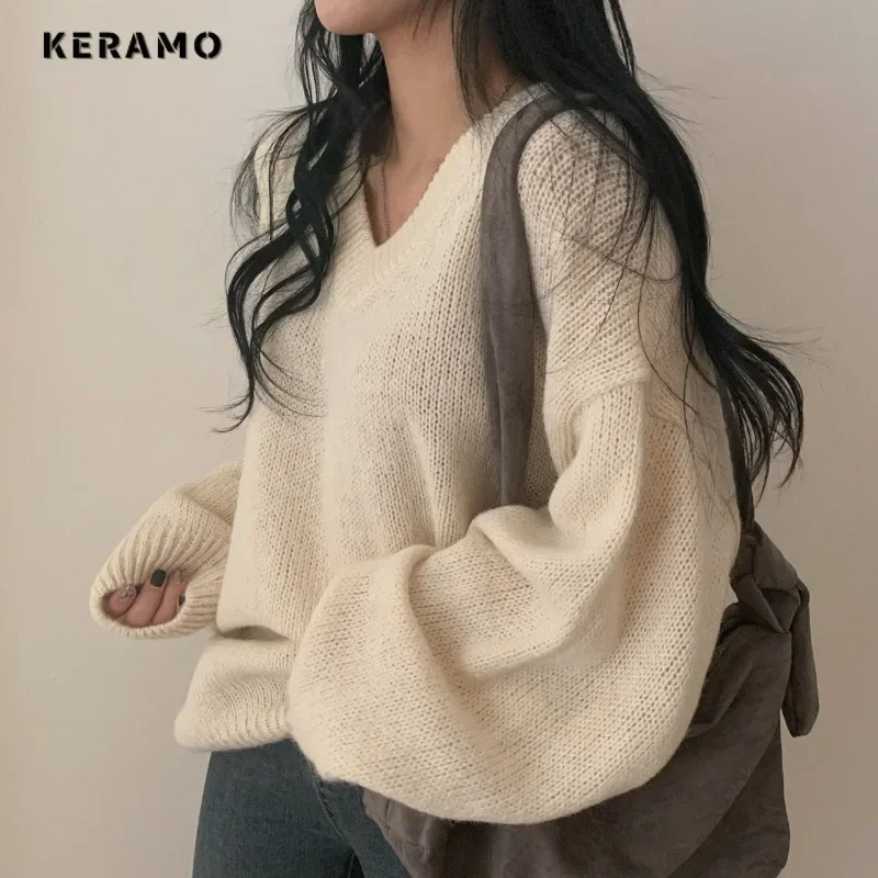 Женский винтажный вязаный пуловер с длинным рукавом повседневный Однотонный