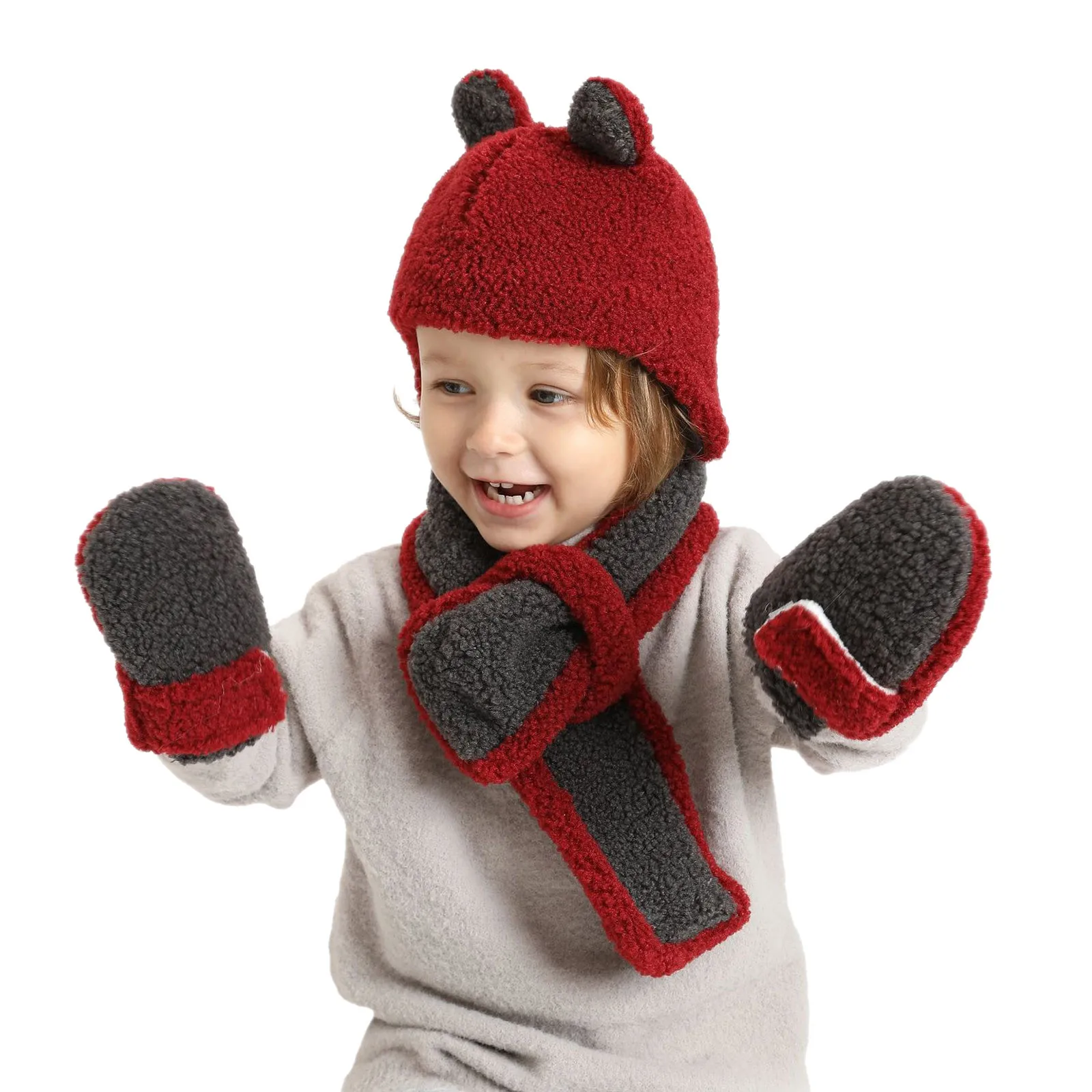 

Children Winter Hat Scarf Mittens Set Boys Girls Hat Scarf Gloves Bear Flannel Warm Toddler Ear Hat For Outdoor
