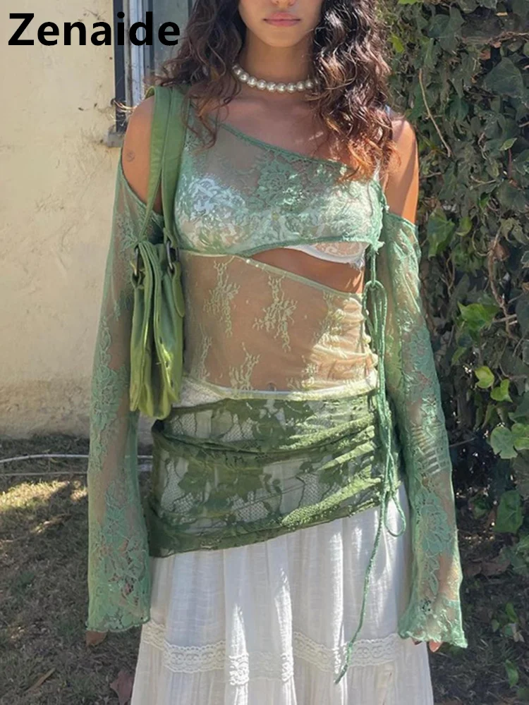 

Zenaide 2022 Summer Irregular Long Sleeve Lace T Shirt Women See Through Sexy Vintage Hollow Out Bandage Tee Tops Party Beach