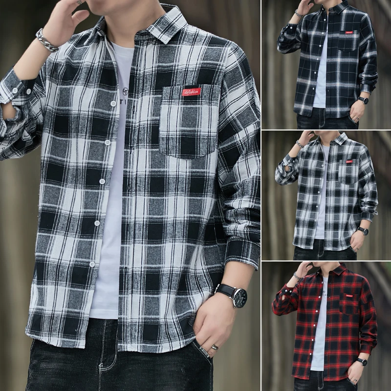 

2022 Spring New Fashion Men's Long Sleeve Shirts Button Lapel Outdoor Daily Breathable Plaid Shirts