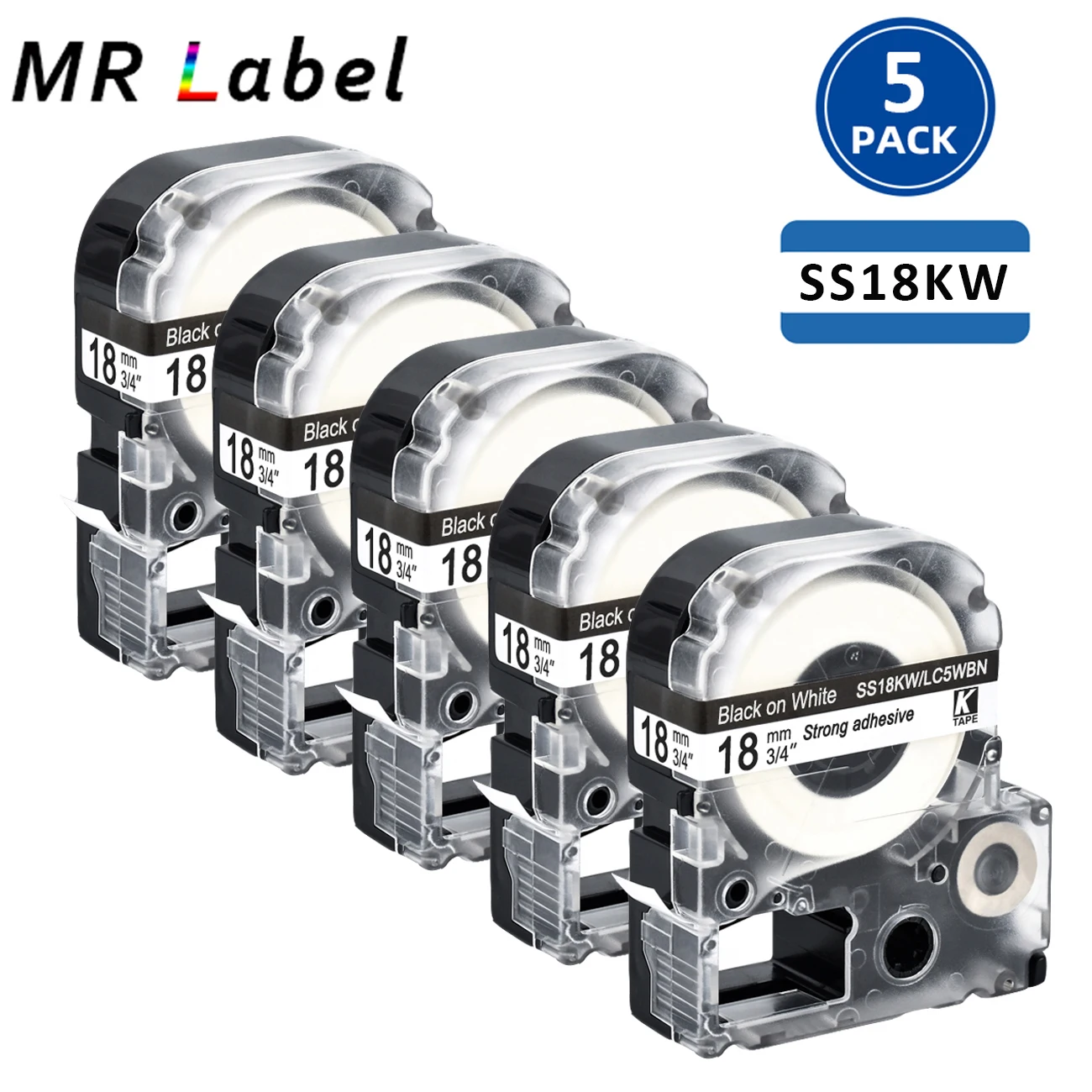 

5PK SS18KW LC-5WBN9 LK-5WBN 18MM Black on white Compatible Epson/KingJim Label Cassette For LW-300 LW-400 LW-600P