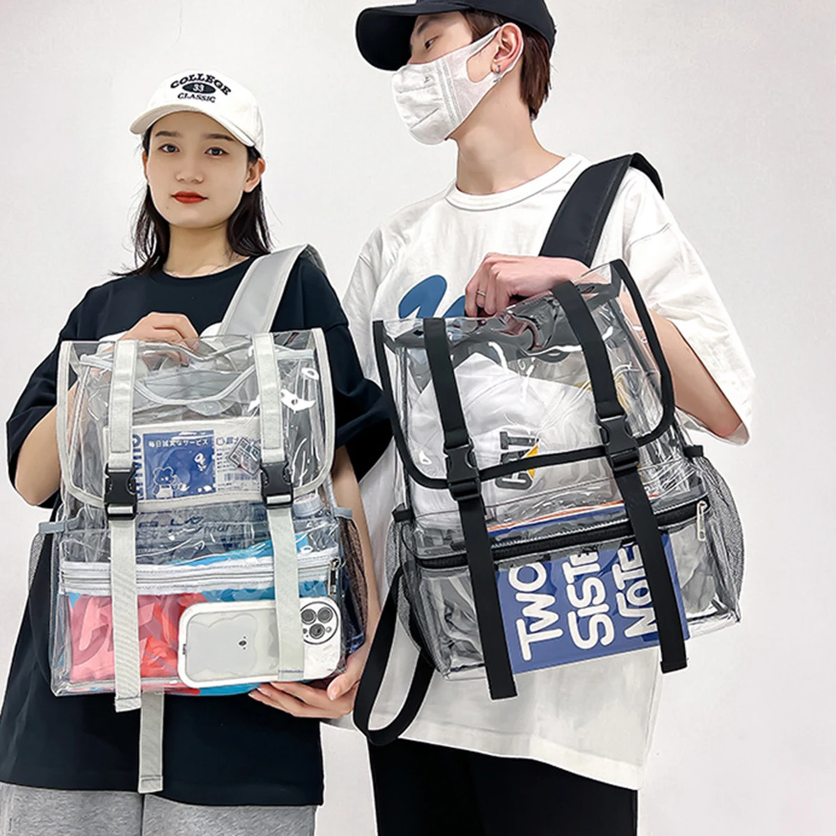 

Outdoor Clear PVC Packable Travel Backpack Simple Waterproof Black White Cool Boys Girls Teenager High-capacity School Bags