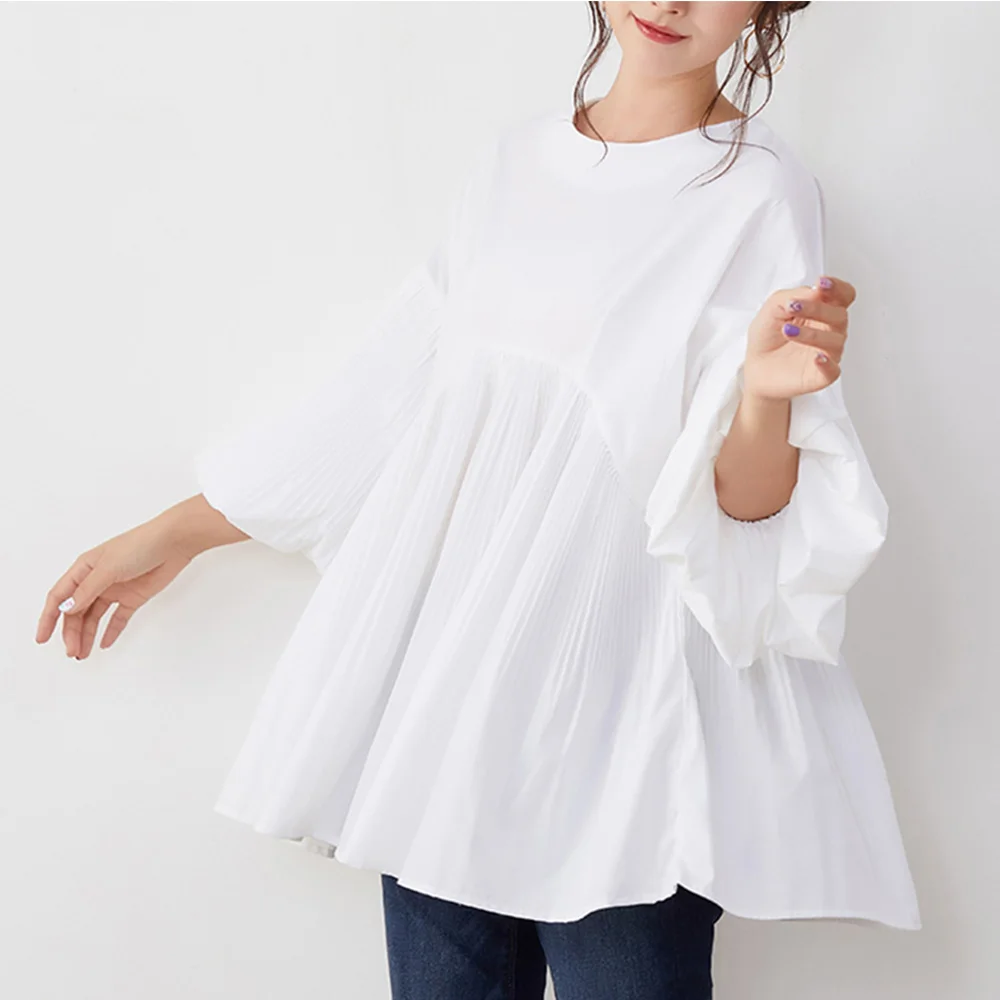 

Women White Patchwork Blouse Nine Points Sleeve Plain Pleated Fashion Casual Sweet Tops High Street Dating Party Fairy Girl Slim