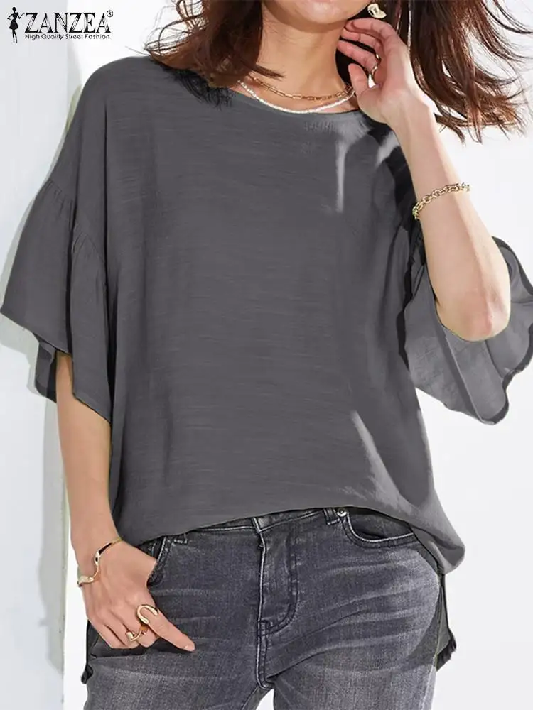 

ZANZEA Summer Vintage Solid Blouse Femme Tunic Tops Women O Neck Half Sleeve Blusas Bohemian Holiday Shirt Causal Work Blouses