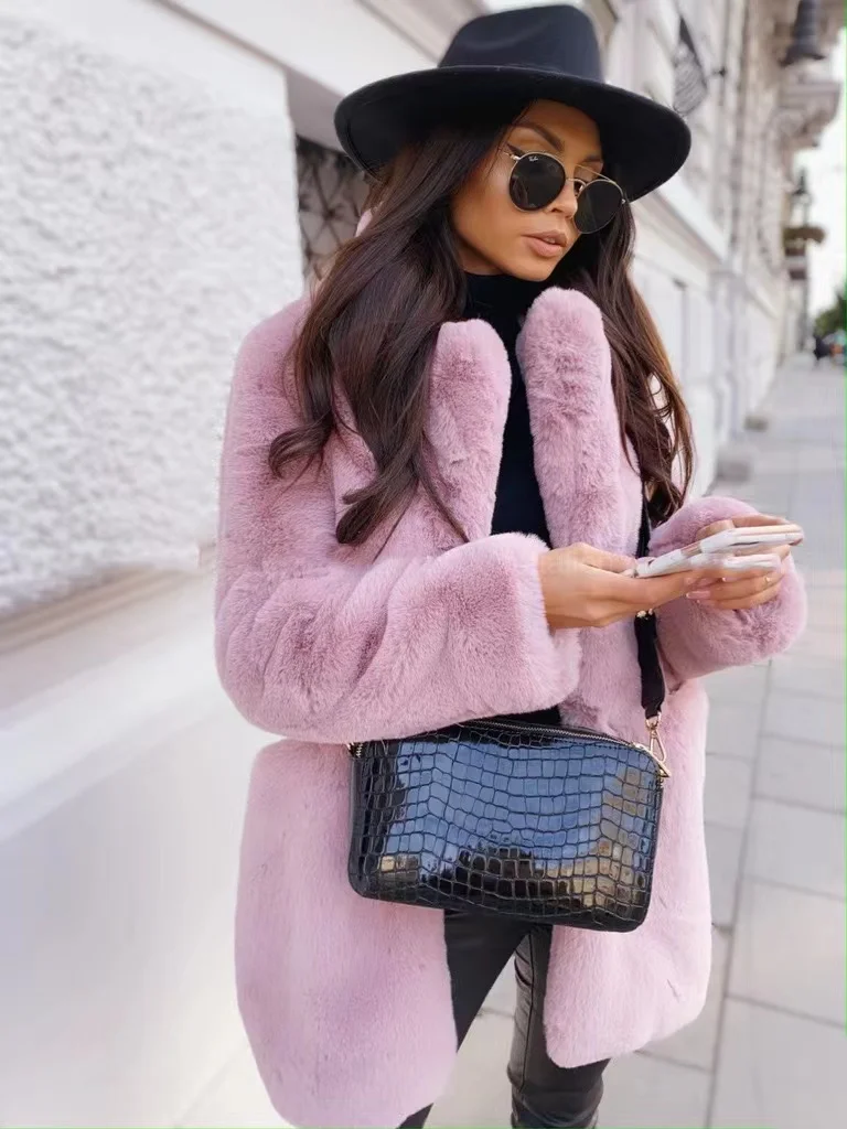 New Women Winter Warm Faux Fur Coat Thick Women Middle -Long Overcoat Turn Down Collar Women Warm Female Casaco Feminino