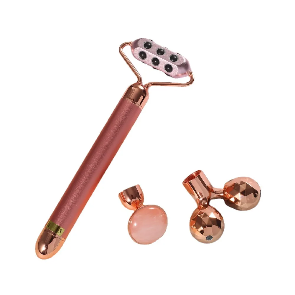 

New Electric Germanium Grain Stone Beauty Stick V Face Roller Massager 3D Jade Thread Head Changing Set Three In One