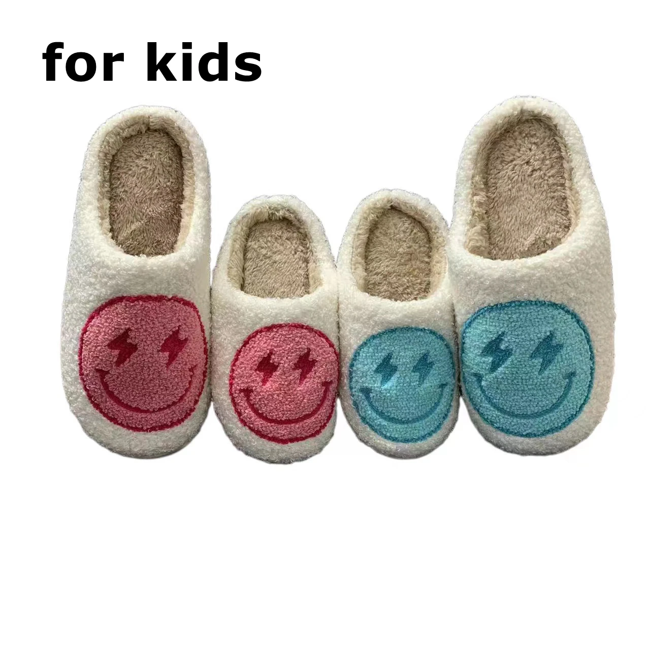 2023 Smile Face Lightning Blue/ Pink Cute Warm Indoor Family Slippers Winter Shoe For Adults And Children
