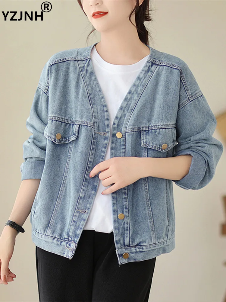 

YZJNH 2023 Autumn New Denim Coat Women's Loose Relaxed V-neck Single breasted Short Coat Women's Large