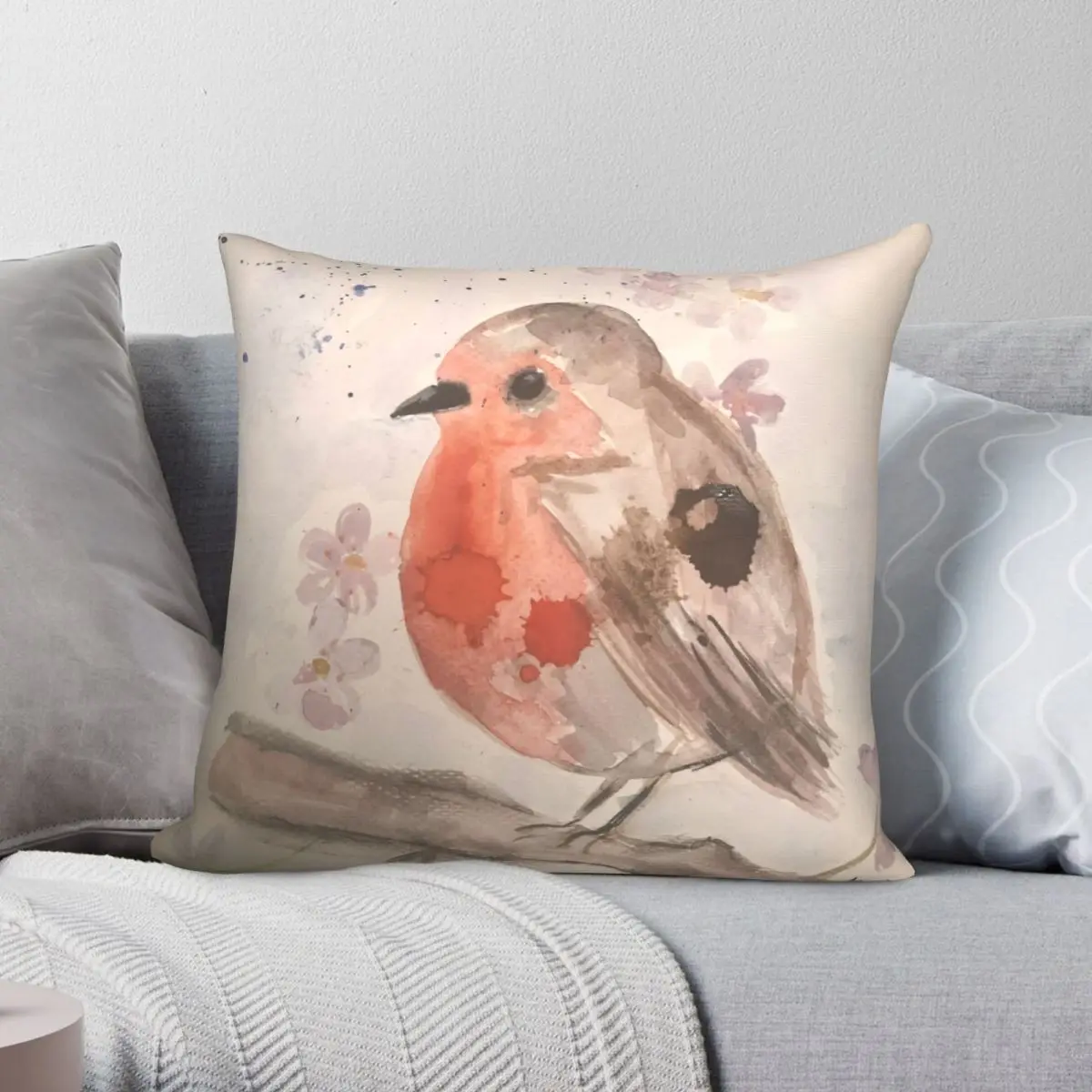 

Watercolour Robin Pillowcase Polyester Linen Velvet Printed Zip Decor Bed Cushion Case Wholesale 45x45