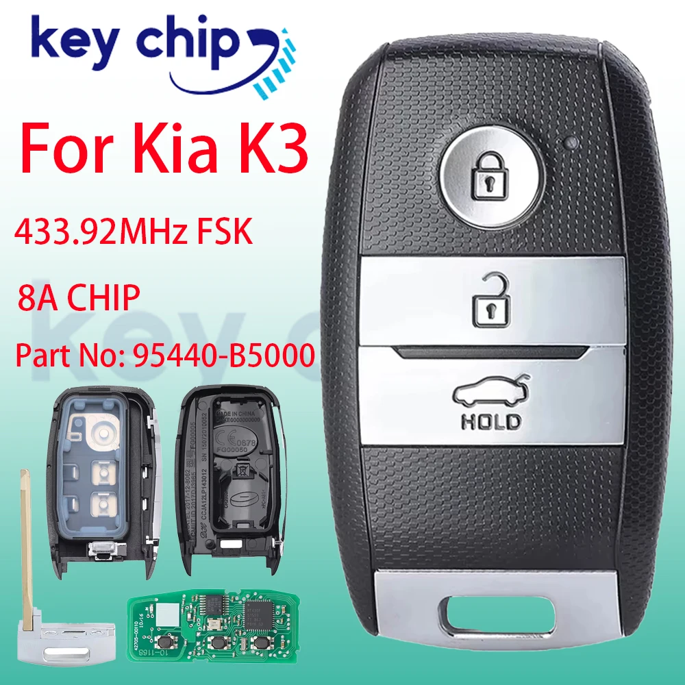 Фото Умный автомобильный ключ-пульт PN: 95440-B5000 для Kia K3 2009-2016, 3 кнопки, 433 МГц, чип 8A №1