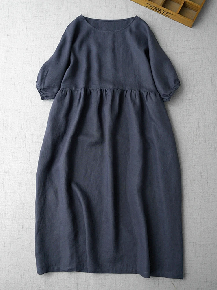 

Summer Vintage Cotton Linen Women's Clothing Short Batwing Sleeve O-Neck Minimalist Solid Dresses Casual Loose Sundress Vestidos