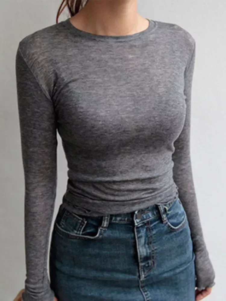 New in Quality Plain T Shirt Women Cotton Elastic Basic T-shirts Female Casual Tops Long Sleeve Sexy Thin T-shirt see through ja