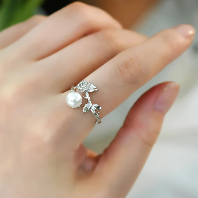 

Natural Freshwater Pearl 925 Sterling Silver Rose Flower Ring Resizable for Women Bride Wedding Jewelry