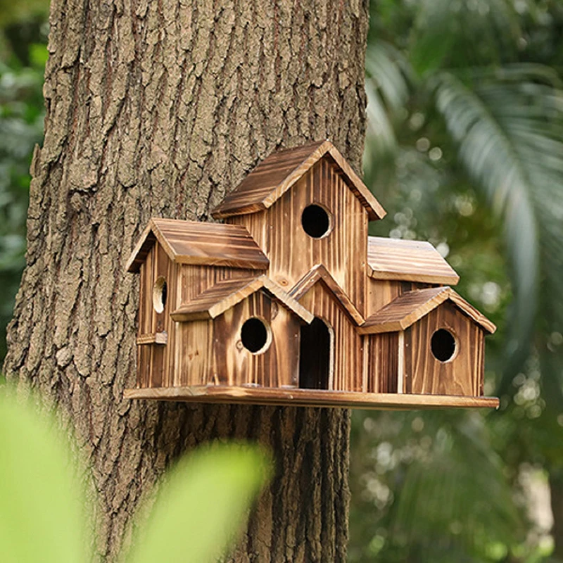 

Деревянный домашний домик для птиц с 6 отверстиями, натуральный домашний домик ручной работы для наружного двора, внутреннего дворика, Декор