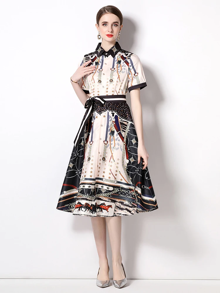 

Женское пляжное платье в стиле бохо, плиссированное платье средней длины с отложным воротником и поясом с цветочным принтом, лето M590