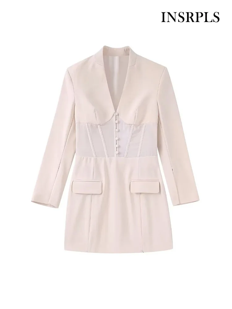 

INSRPLS Women Fashion Front Closure With Button Semi-sheer Mini Dress Vintage Long Sleeve Back Tied Female Dresses Vestidos