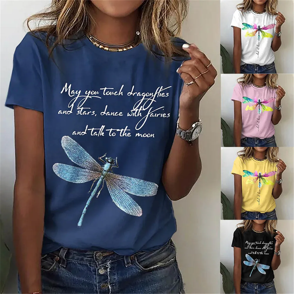 

Women's Crew Neck Dragonfly Print Short Sleeve T-shirt Daily Clothing Loose Comfortable Summer 2023 Short Sleeve On New