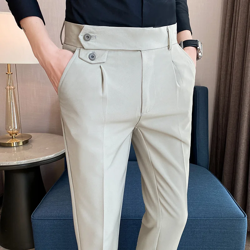 2022 Men High Waist Casual Dress Pant Men Belt Design Slim Trousers Formal Office Social Wedding Party Dress Suit Pants 29-38