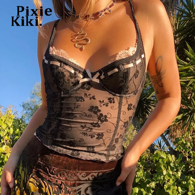 

Прозрачные сетчатые Цветочные Бюстье PixieKiki Y2k, корсеты, кокетка, одежда, эстетичные летние сексуальные майки в стиле ретро с низким вырезом, ...
