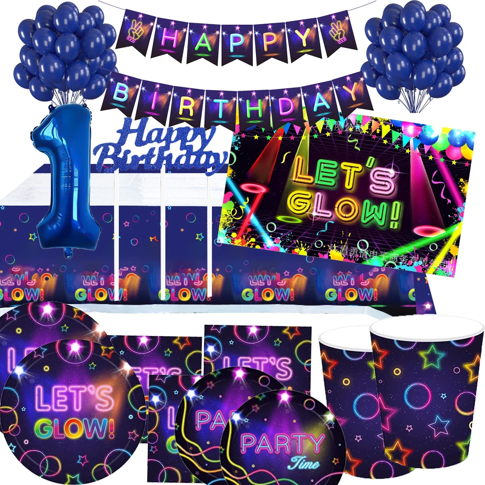 

Neon Party Decorations Glow Party Disposable Cups and Trays Banner Tablecloth Cake Balloons Party DIY Supplies Baby Shower
