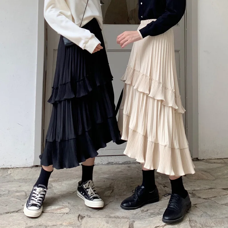 

Korean Fashion Ruffle Midi Long A-line Skirt Beige Women Casual High Waist Irregular All-match Skirts Spring Summer Streetwears