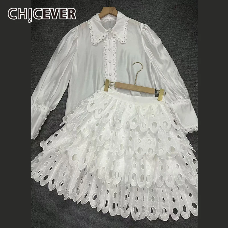 Фото CHICEVER однотонная ажурная юбка, костюм для женщин, рубашка с длинными рукавами и лацканами, юбки трапециевидной формы с высокой талией, элегантная одежда, женская одежда №1