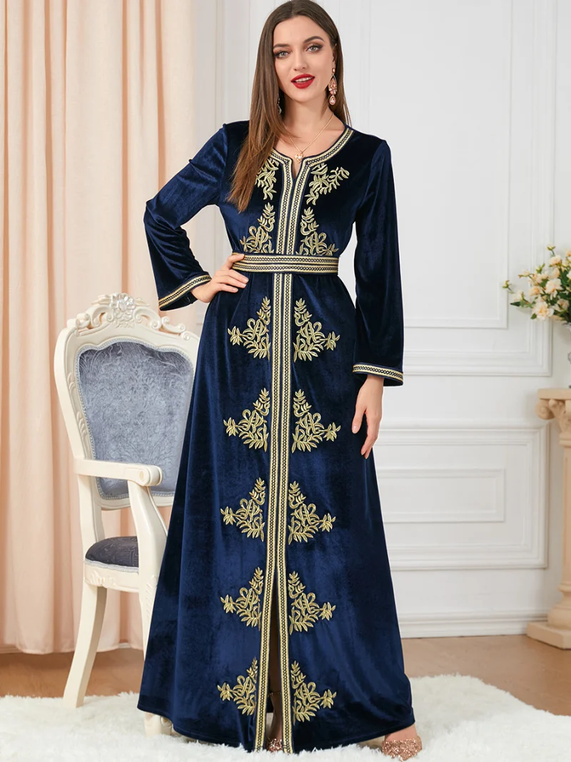 Dresses For Women 2022 Autumn Winter Velvet Embroidery Long Sleeve Dress Belted Kaftan Split Hem Abaya Muslim Dubai Gowns