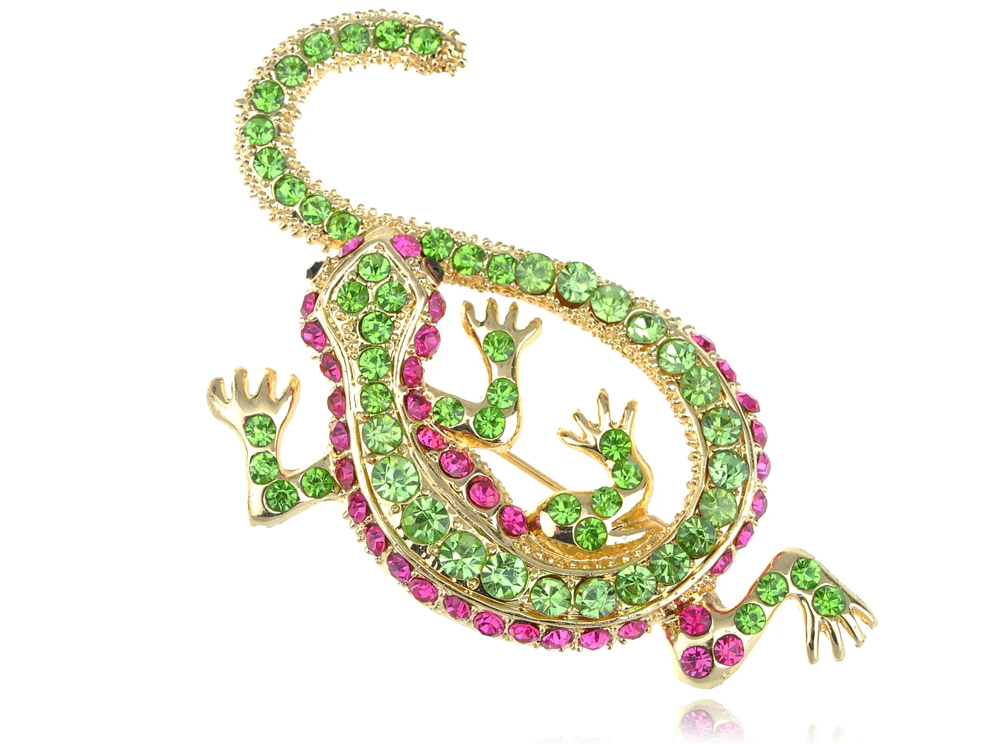 

Synthetic Peridot Synthetic Fuchsia Pink Crystal Rhinestone Golden Lizard Gecko Reptile Pin Brooch